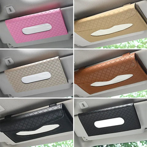 Grid Leather Car Tissue Box Auto Sun Visor Embossing Leather Tissue Case Car Hanging Towel Paper Organzier Napkin Papers Holder