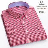 100% Cotton Breathable Men Oxford Short Sleeve Summer Plaid Striped Male Shirt Business Regular Fit Oversized Clothes - ISQI