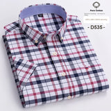 100% Cotton Breathable Men Oxford Short Sleeve Summer Plaid Striped Male Shirt Business Regular Fit Oversized Clothes - ISQI