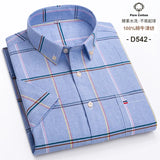 100% Cotton Breathable Men Oxford Short Sleeve Summer Plaid Striped Male Shirt Business Regular Fit Oversized Clothes - ISQI