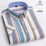 100% Cotton Breathable Men Oxford Short Sleeve Summer Plaid Striped Male Shirt Business Regular Fit Oversized Clothes - ISQI