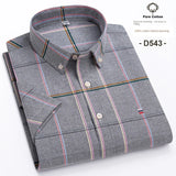 100% Cotton Breathable Men Oxford Short Sleeve Summer Plaid Striped Male Shirt Business Regular Fit Oversized Clothes - ISQI