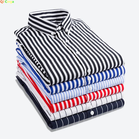 Classic Striped Shirt Men's Single-breasted Long-sleeved Shirts Autumn New Men Top Red Blue Black Slim Version Male Chemise - ISQI