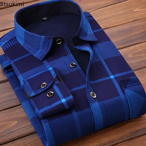 2024 Men's Casual Thick Warm Plaid Long Sleeve Shirts Autumn Winter Fashion Shirt for Men Formal Business Office Shirts Camisas ISQI