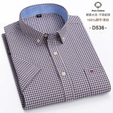 100% Cotton Breathable Men Oxford Short Sleeve Summer Plaid Striped Male Shirt Business Regular Fit Oversized Clothes - ISQI