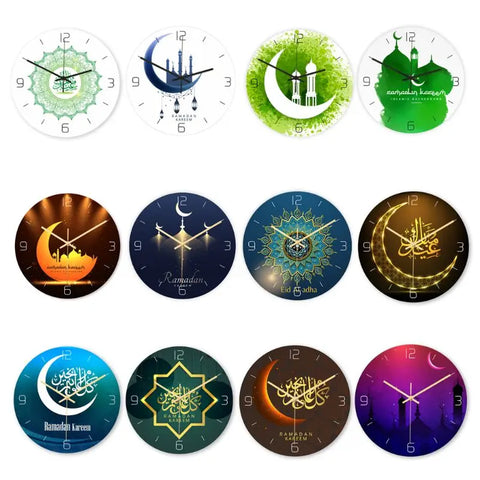 Islamic Wall Clock Acrylic Muslim Ramadan Eid Wall Clock Vintage Round Hanging Clock Stereoscopic Clock for Bedroo