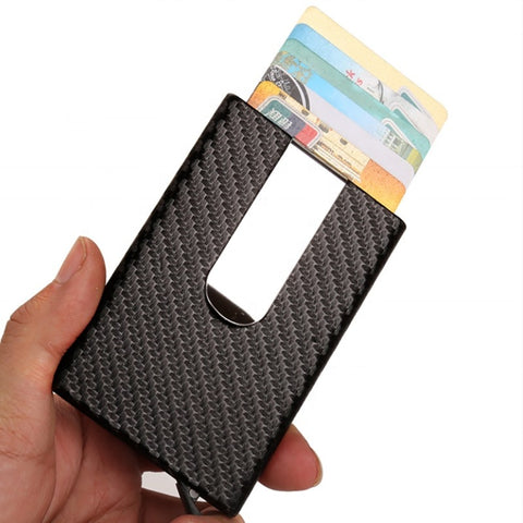 Business Aluminum Wallet Automatic Slide Card Case Carbon Fiber PU Leather Metal ID Credit Card Holder Clip - ISQ