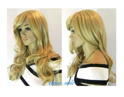 yshun Long Wavy Light Blonde brown Mixed Slanting bangs Women Wig USPS FastShipping to USA j1971 A0312)